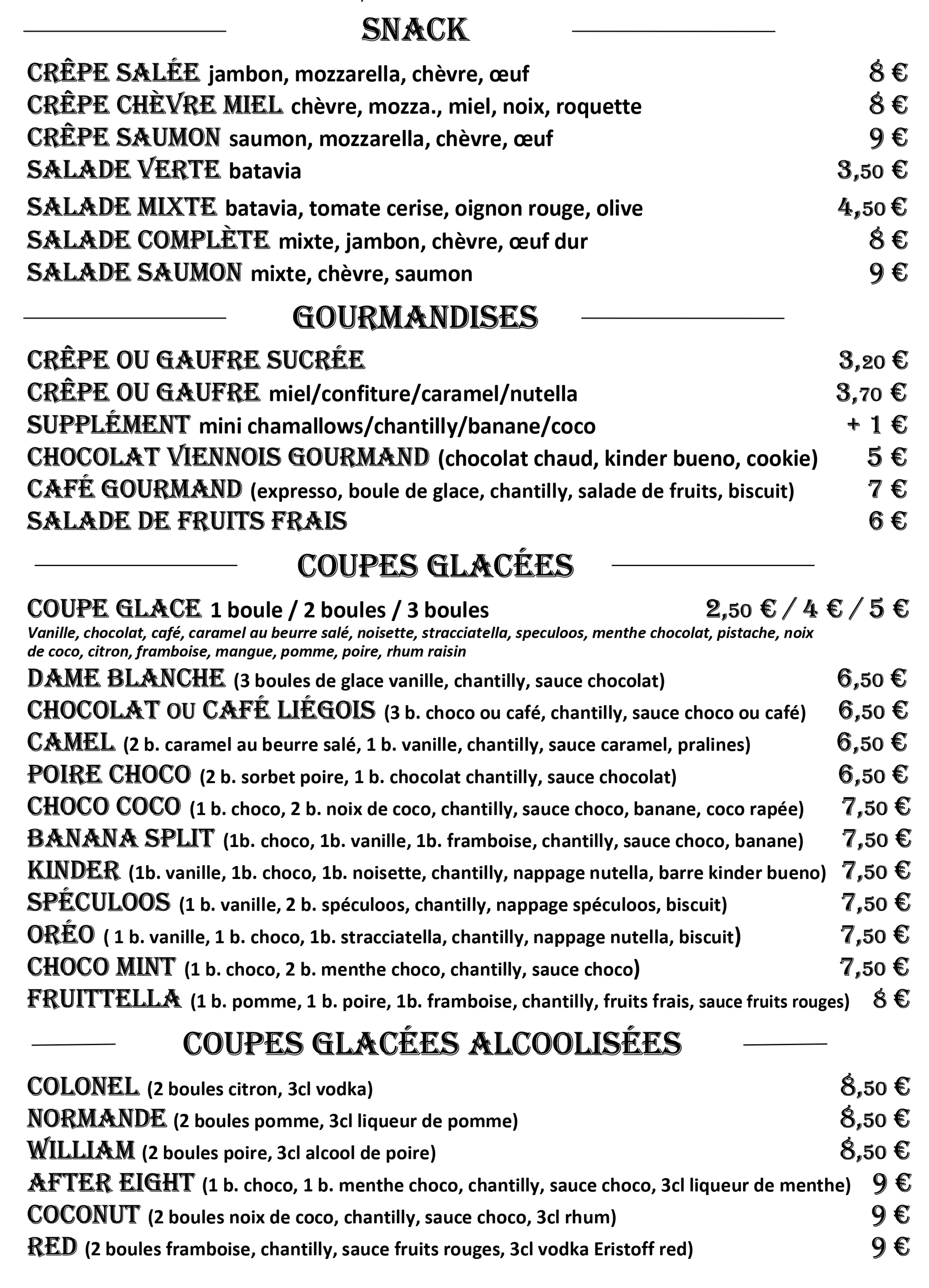 carte des goûters