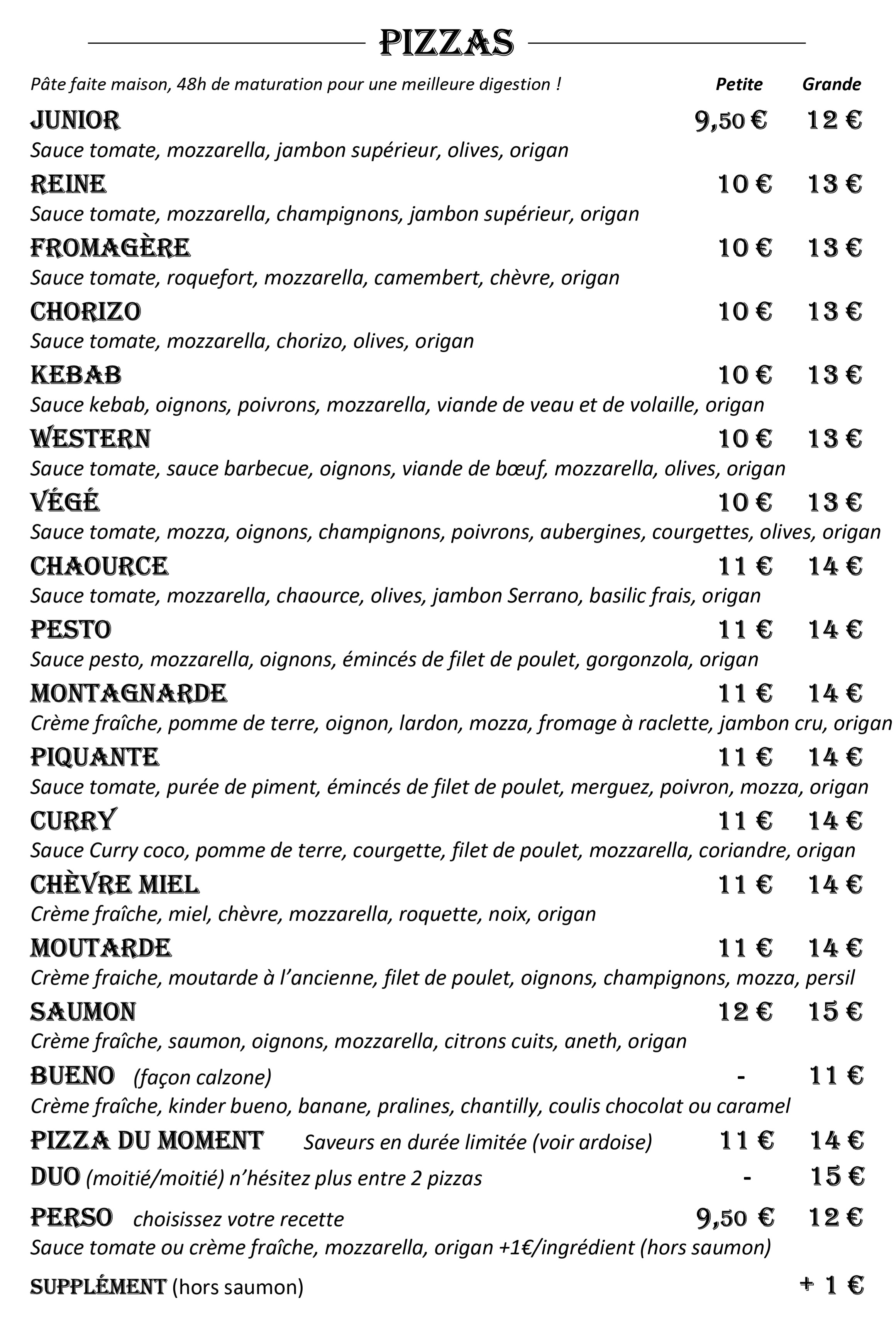 carte des pizzas